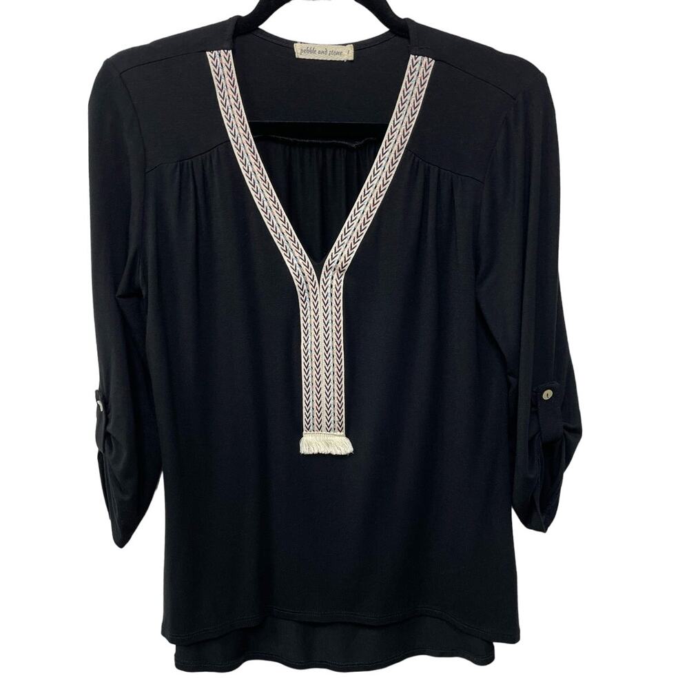 Pebble & Stone Roll Tab Sleeve Blouse V-Neck Hi-Low Hem Black Womens Size Small‎